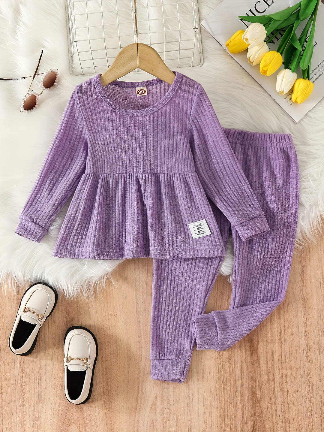 Toddler Girls Ribbed Long Sleeve Flared Hem Top + Matching Pants Kids Clothes