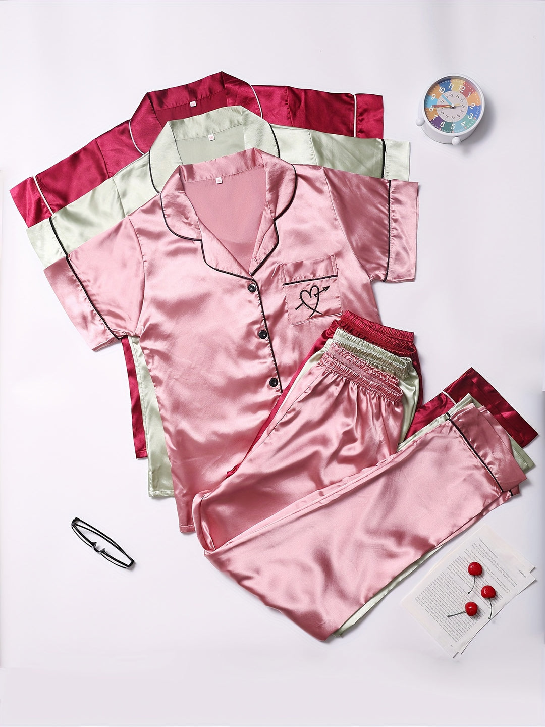 3 Sets Women's Valentine's Day Pajamas Set, Plus Size Heart & Arrow Pattern Button Up Satin Shirt & Pants Lounge 6 Piece Set