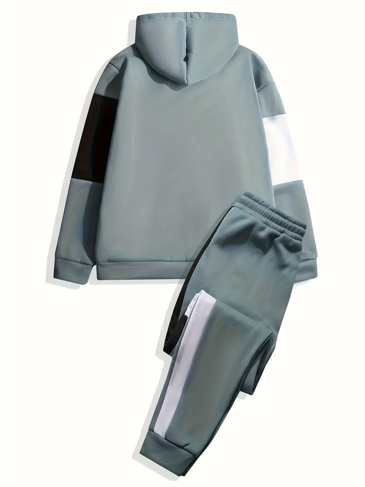 Color Block Men's 2Pcs Outfits, Casual Hoodies Long Sleeve Pullover Hooded Sweatshirt And Sweatpants Joggers Set For Spring Fall, Men's Clothing
