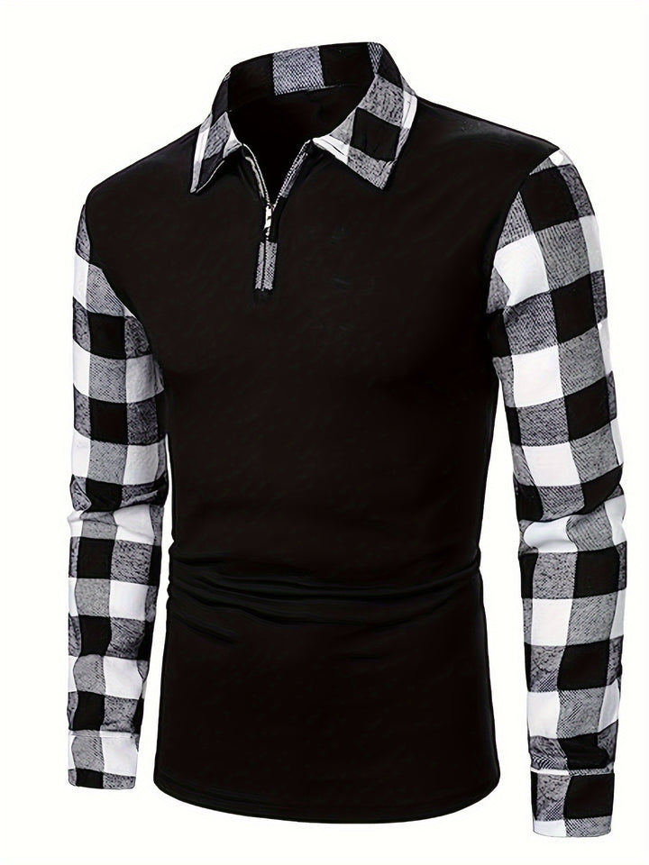 Retro Plaid Shirt, Men's Casual V-Neck Pullover Long Sleeve Rugby Shirt For Winter Fall, Men's Clothing