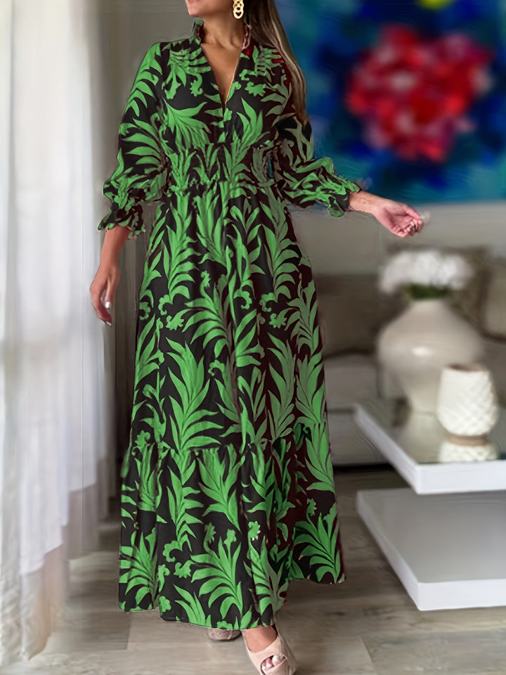 Plus Size Plant Print Dress, Elegant V Neck Shirred Waist Long Sleeve Dress, Women's Plus Size Clothing