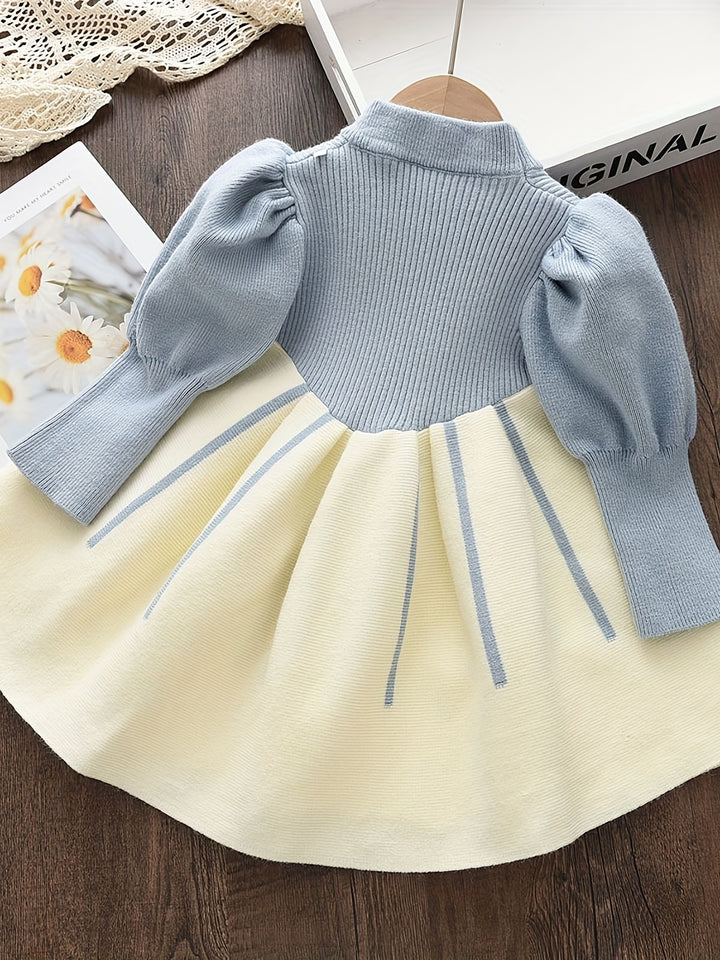 Girl's Bowknot Decor Elegant Dress, Knitted Puff Sleeve Dress, Kid's Clothes For Spring Fall