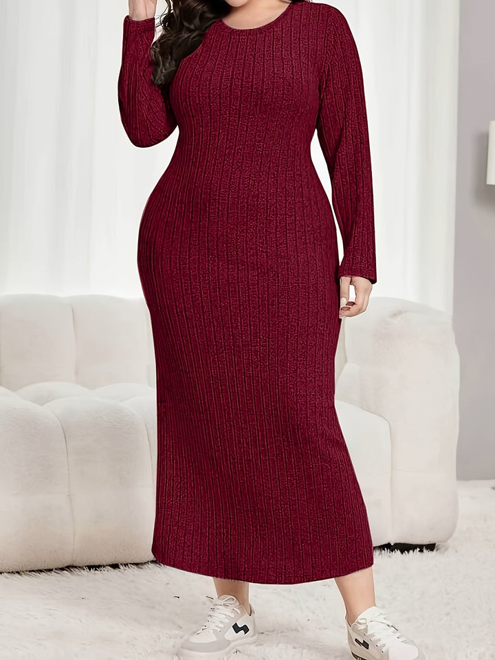 Plus Size Casual Dress, Women's Plus Solid Ribbed Long Sleeve Round Neck Slight Stretch Maxi Dress