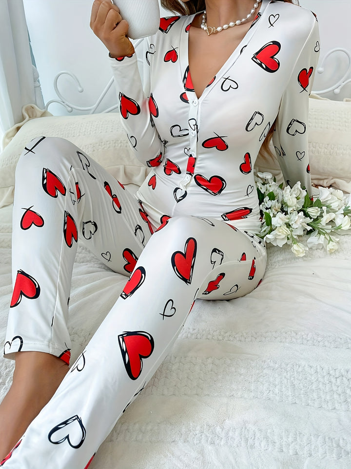 Women's Valentine's Day Casual Loungewear Jumpsuit, Plus Size Heart Print Long Sleeve Button Up V Neck Slim Fit Home Jumpsuit