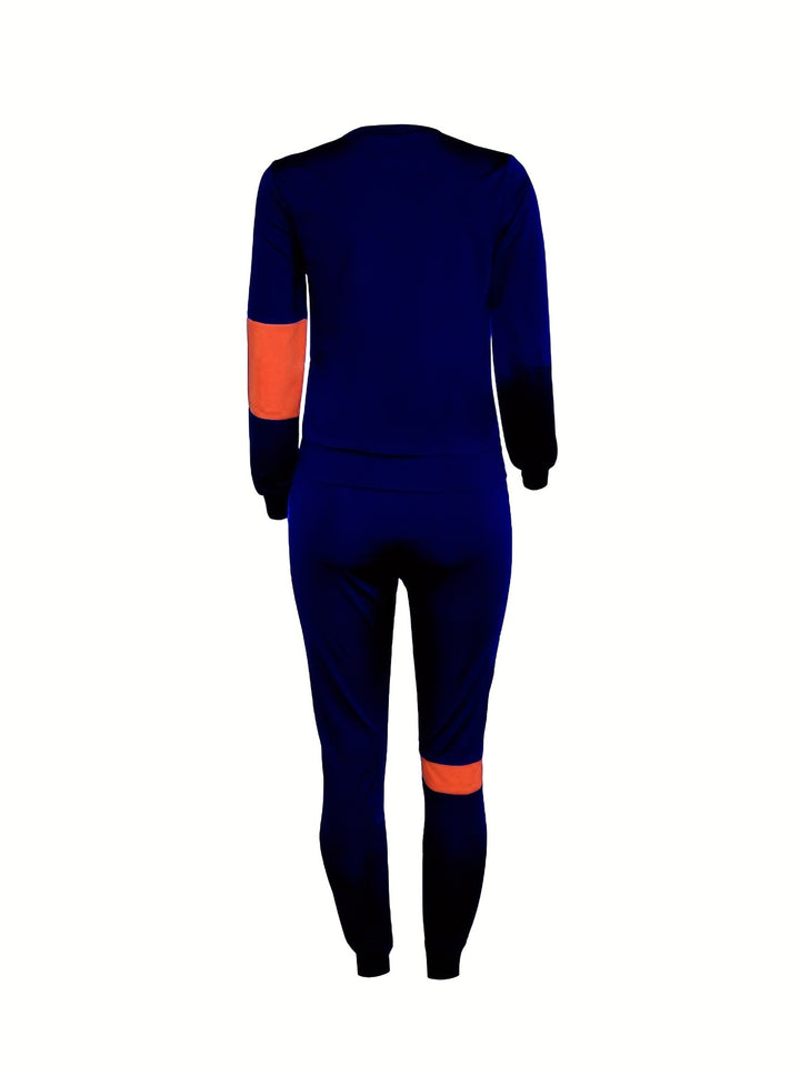 Plus Size Strip Pattern Shirt & Pants Set, Women's Casual Round Neck Slight Stretch 2pcs Set