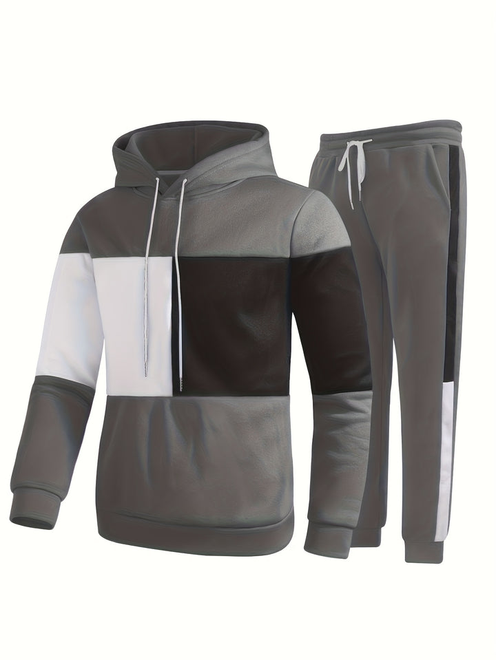 Men's Colorblock Hooded Sweatshirt Casual Outfit Set, 2 Pieces Long Sleeve Pullover Hoodies And Drawstring Sweatpants
