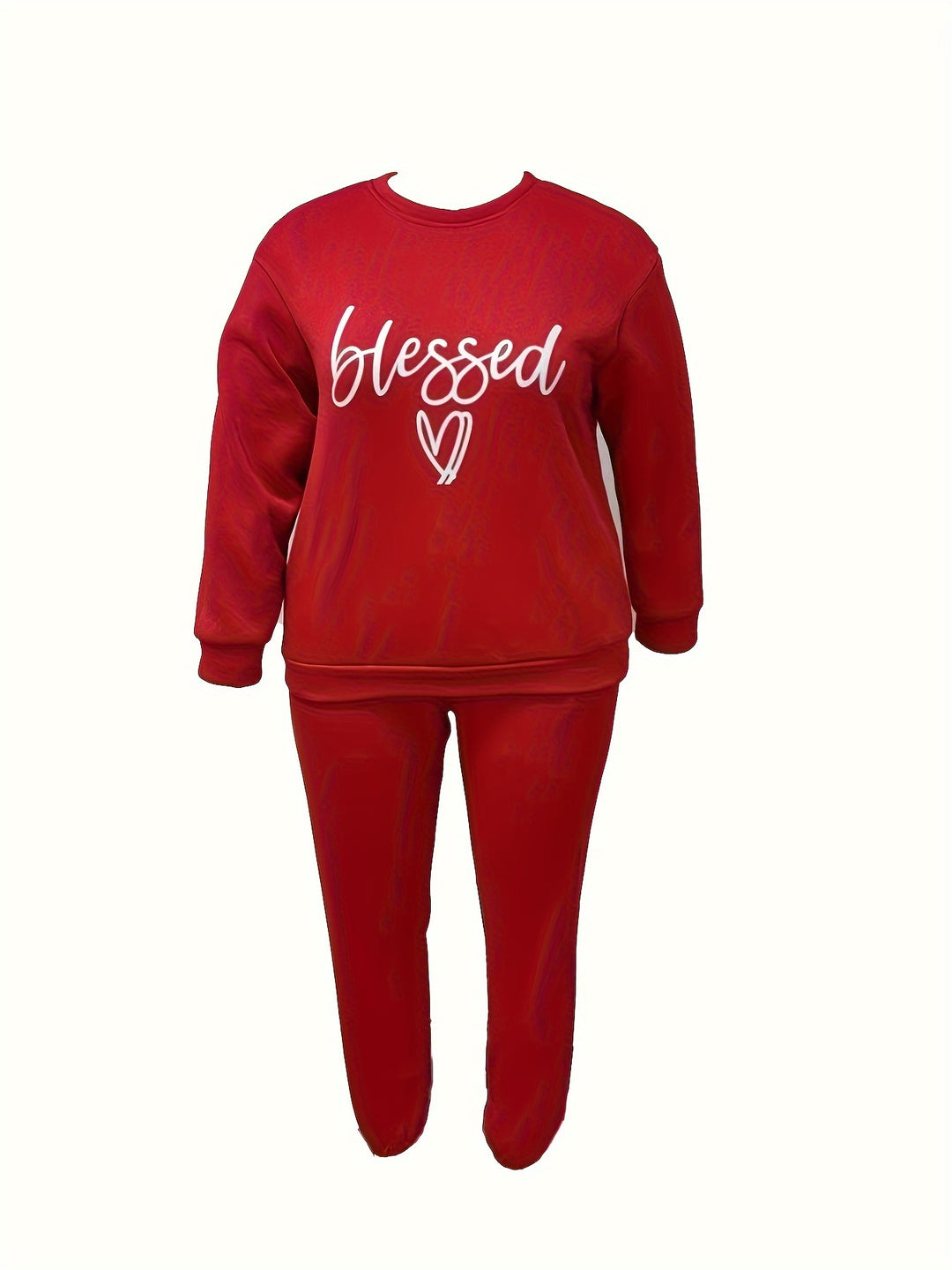 Plus Size Casual Outfits Set, Women's Plus Letter & Heart Print Long Sleeve Round Neck Sweatshirt & Joggers Outfits 2 Piece Set