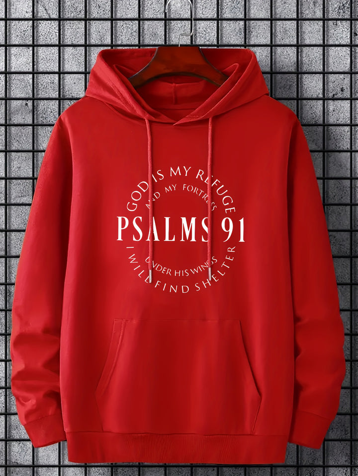 PSALMS 91 Print Hoodies For Men, Graphic Hoodie With Kangaroo Pocket, Comfy Loose Drawstring Trendy Hooded Pullover, Mens Clothing For Autumn Winter