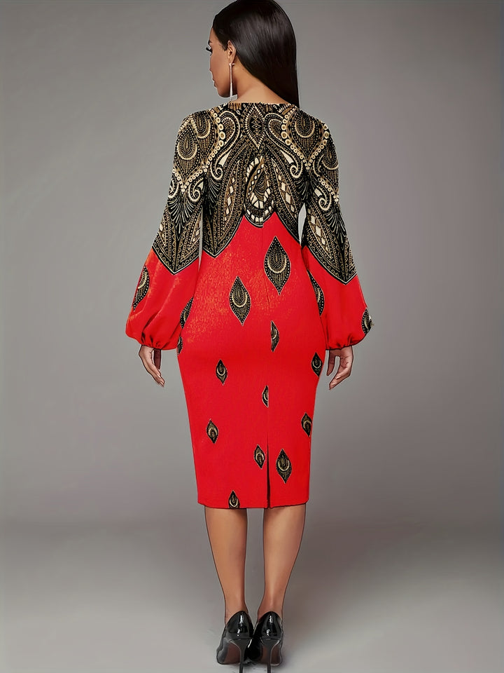 Paisley Print Lantern Long Sleeve Dress, Crew Neck Casual Every Day Dress For Spring & Fall, Women's Clothing