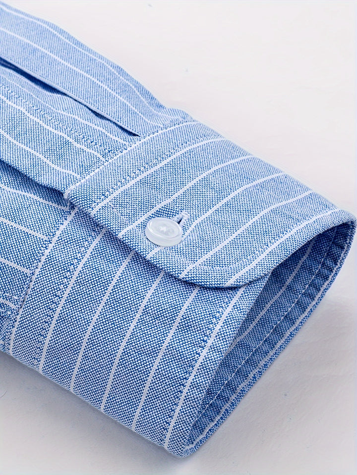 Men's Stylish Stripe Pattern Shirt, Casual Breathable Lapel Button Up Long Sleeve Shirt Top For City Walk Street Hanging Outdoor Activities