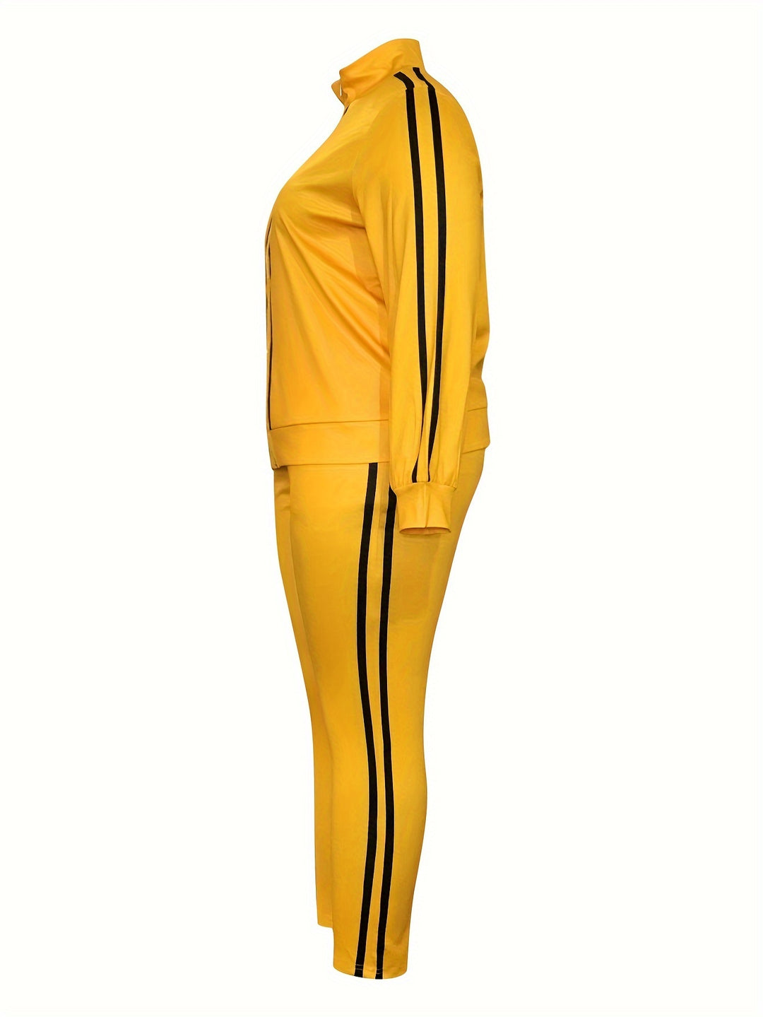 Plus Size Casual Outfits Two Piece Set, Women's Plus Stripe Print Zip Up Long Sleeve High Neck Jacket & Pants Outfits 2 Piece Set