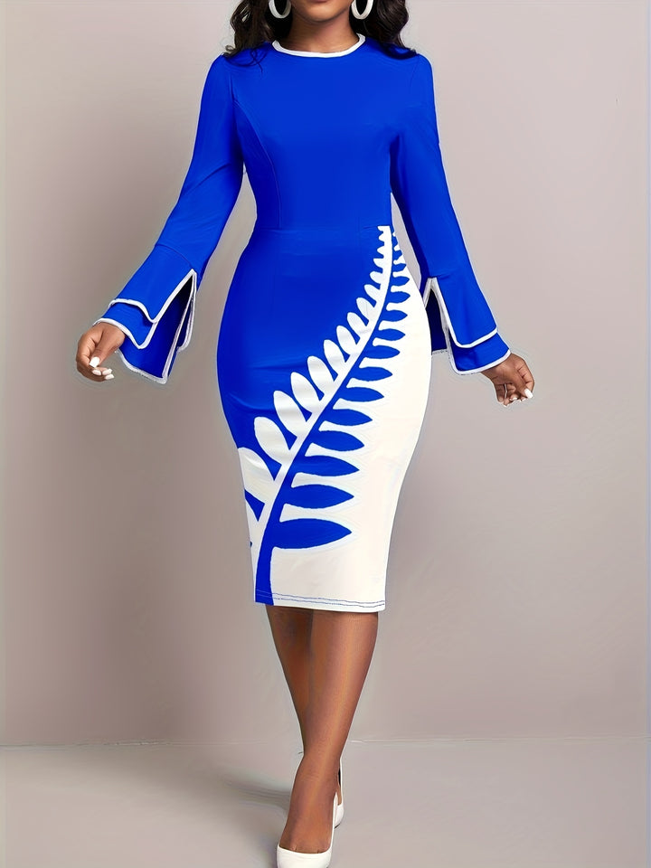 Elegant Leaf Print Sheath Dress with Flare Sleeves, Perfect for Any Occasion, Women's Clothing