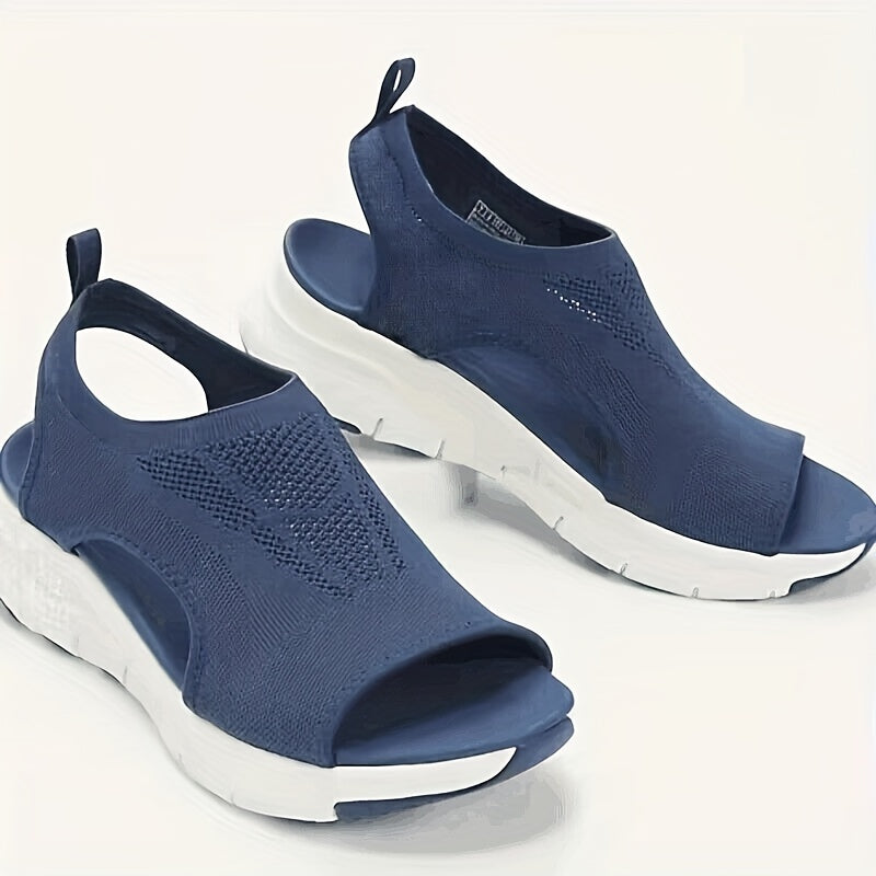 Women's Knitted Cut-out Sandals, Solid Color Open Toe Slip On Shoes, Lightweight Wedge Shoes