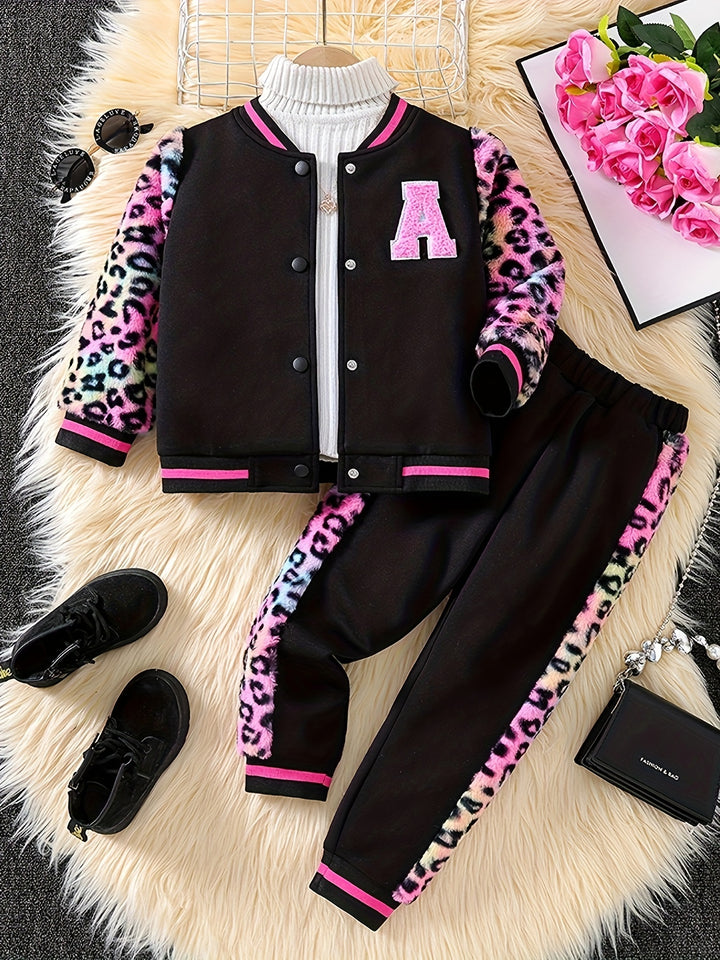 2pcs Splicing Leopard Print Plush Sets Girls Baseball Jacket + Jogger Pants Set Spring Fall Sports