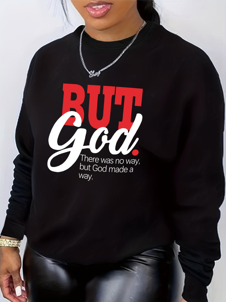 But God Letter Print Sweatshirt, Casual Crew Neck Long Sleeve Sweatshirt, Women's Clothing