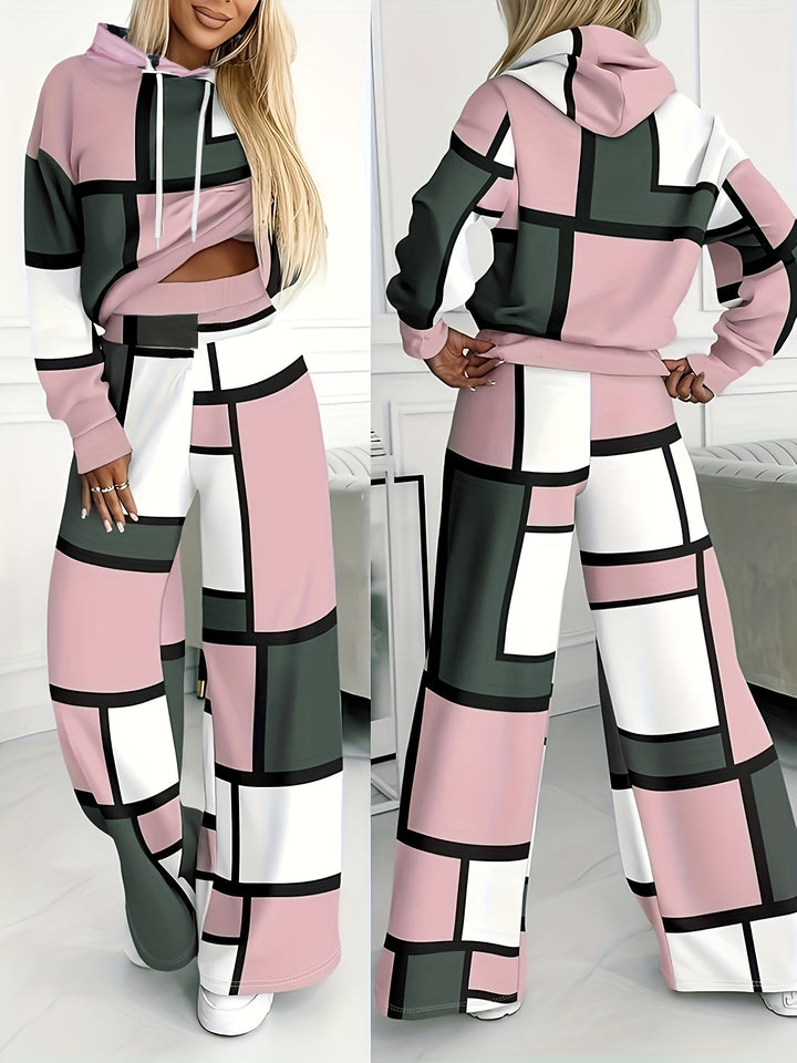 Plus Size Sporty Outfits Set, Women's Plus Geo Print Long Sleeve Drawstring Hoodie & Pants Outfits 2 Piece Set