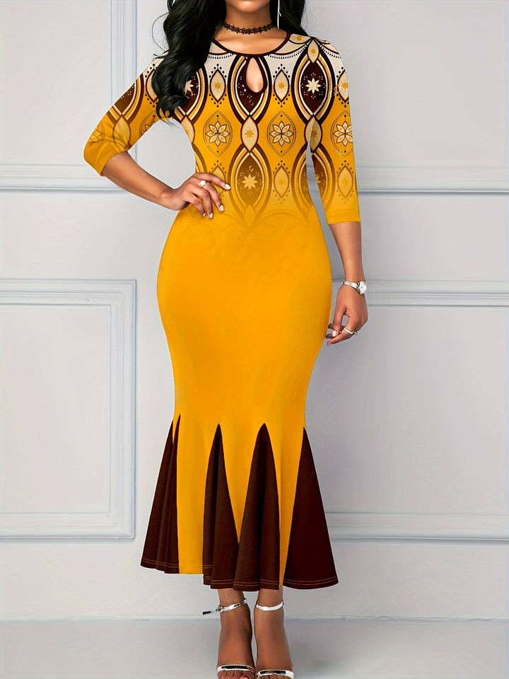 Stunning Plus Size Mermaid Dress with Graphic Print and Cut Out Sleeves for Women