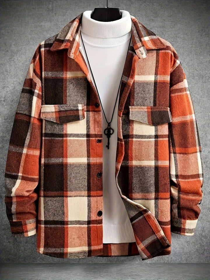 Men's Retro Plaid Shirt Jacket, Casual Lapel Chest Pocket Jacket