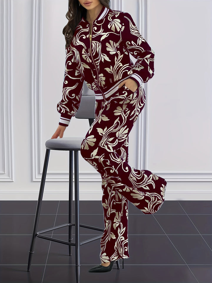 Plus Size Casual Outfits Set, Women's Plus Leaf Print Long Sleeve Zip Up Jacket & Pants Outfits 2 Piece Set