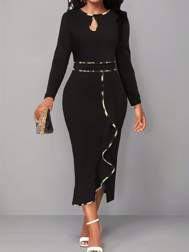 Plus Size Casual Dress, Women's Plus Contrast Trim Long Sleeve Round Neck Wrap Hem Cut Out Dress