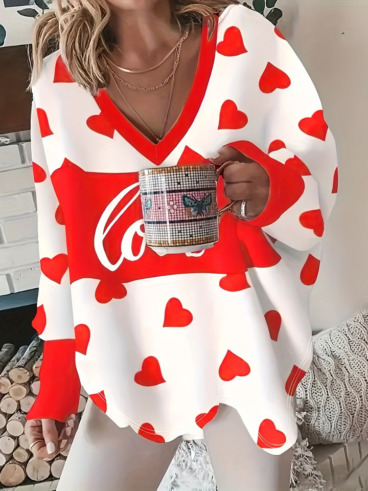 Plus Size Heart Print T-Shirt, Valentine's Day V Neck Long Sleeve T-Shirt, Women's Plus Size Clothing