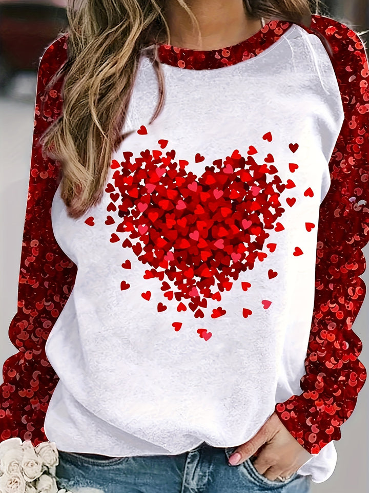 Plus Size Heart Print T-Shirt, Valentine's Day Crew Neck Long Sleeve T-Shirt, Women's Plus Size Clothing