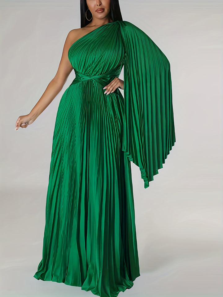 Plus Size Elegant Wedding Guest Dress, Women's Plus Solid One Shoulder Nipped Waist Pleated Maxi Pron Party Formal Dress