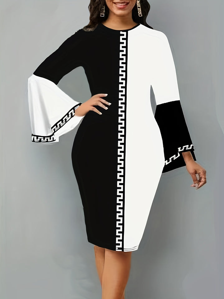 Plus Size Casual Dress, Women's Plus Colorblock Geometric Print Bell Sleeve Round Neck Medium Stretch Slim Fit Dress