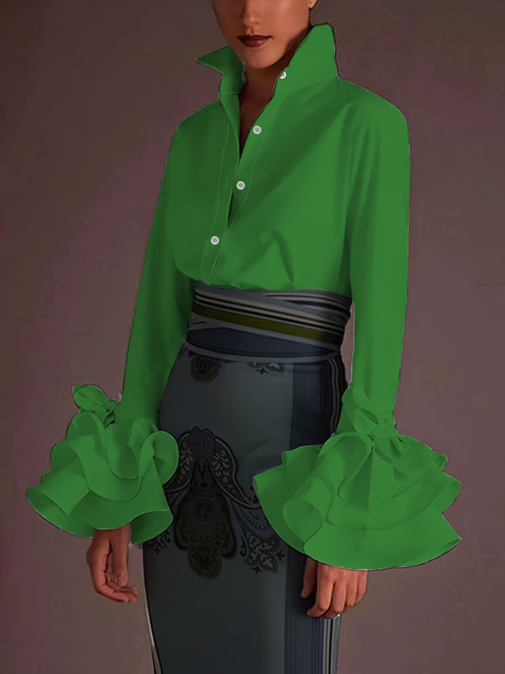 Plus Size Elegant Blouse, Women's Plus Solid Button Up Layered Sleeve Turn Down Collar Blouse