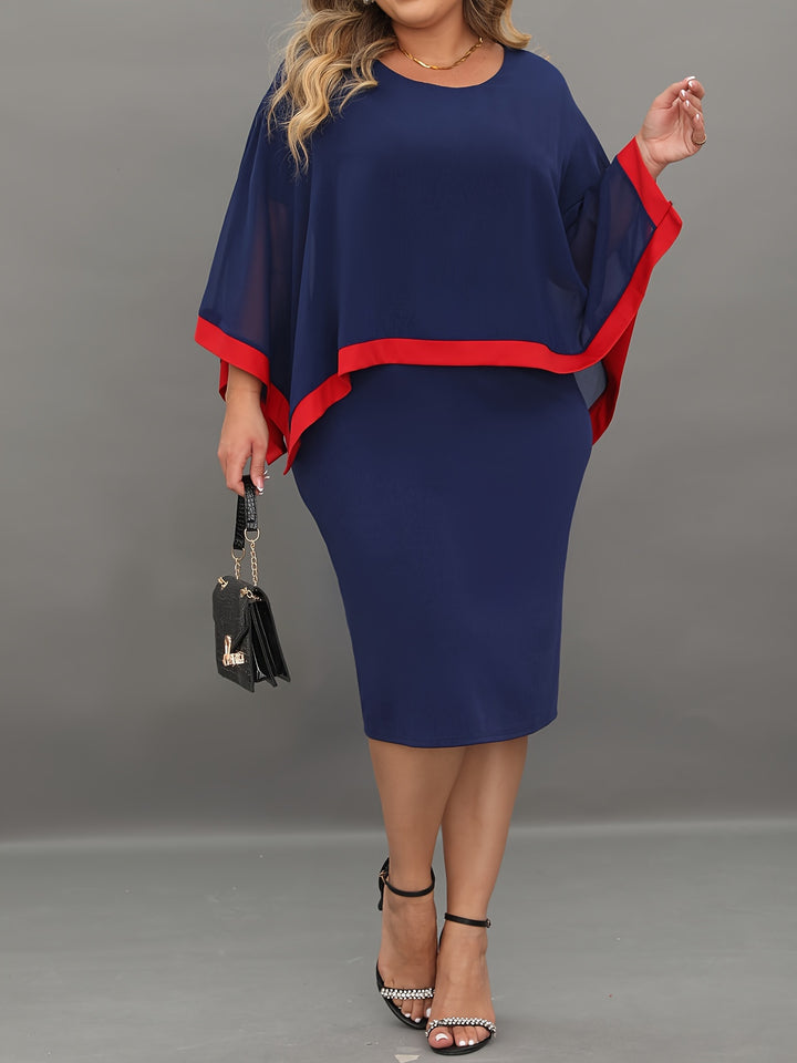 Elegant Plus Size Bodycon Dress with Cape Sleeves and Contrast Trim, Perfect for All Seasons, Women's Plus Size Clothing