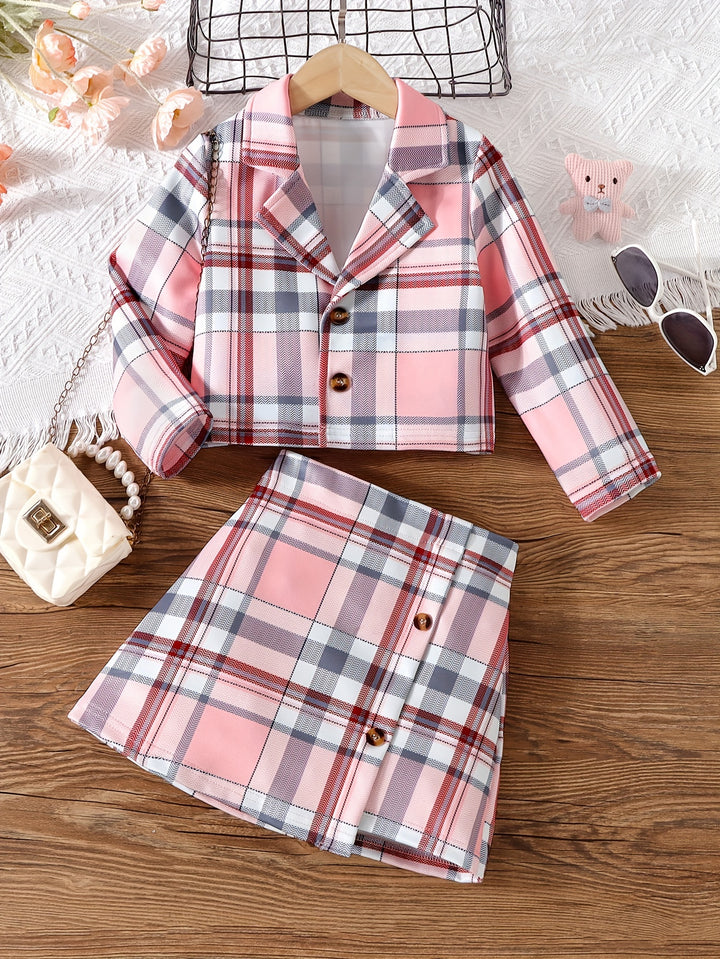 2pcs Girl's Plaid Pattern Suit Outfit, Blazer & Skirt Set, Kid's Clothes For Spring Autumn