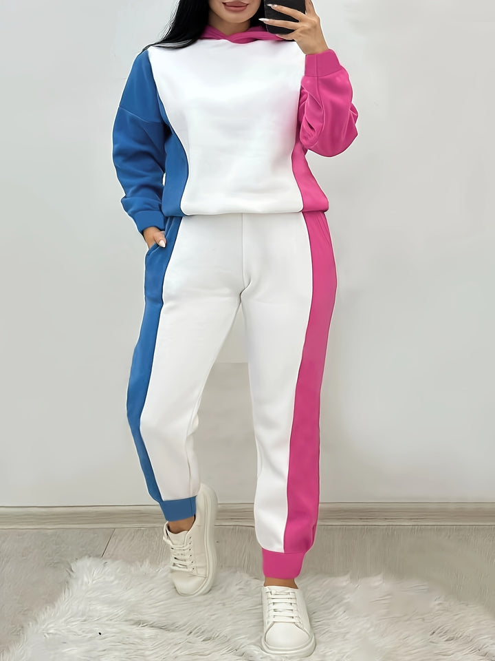 Women's Casual Outfits Set, Plus Size Colorblock Raglan Sleeve Hoodie & Joggers Outfits 2 Piece Set