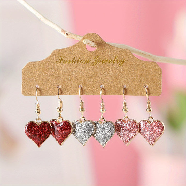 3 Pairs / Set Heart Shape Bling Bling Dangle Earrings Retro Simple Style Zinc Alloy Jewelry Valentine's Day Gift For Lovers