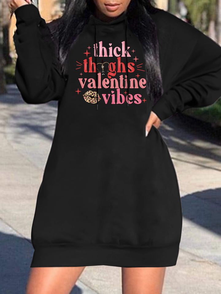 Plus Size Valentine's Day Letter Print Hooded Dress, Drawstring Casual Hooded Sweatshirt Dress For Fall & Spring, Women's Clothing