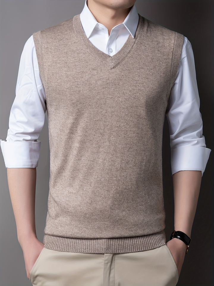 Casual Knitted Pullover, V-neck Sleeveless Thermal Jacket, Wool Vest, Men's Tank Top  For Autumn And Winter