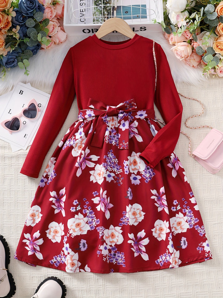 Girls Long Sleeves Round Neck Flowers Splicing Belted Dress For Party Kids Spring Clothes