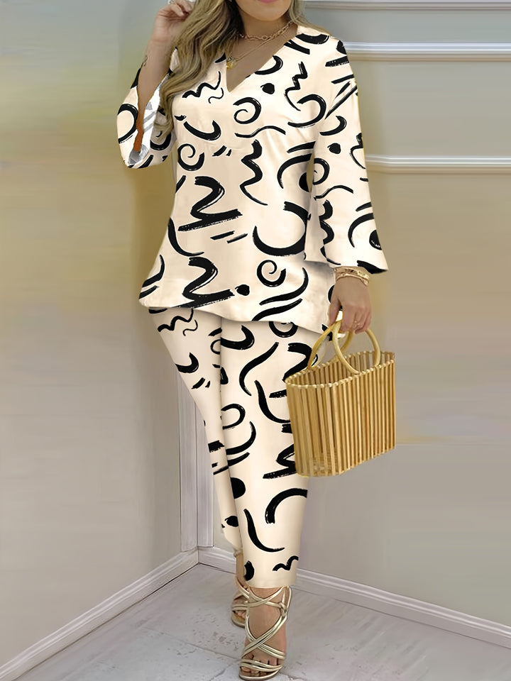 Plus Size Casual Outfits Set, Women's Plus Graffiti Print Long Sleeve V Neck Top & Straight Leg Pants Outfits Two Piece Set