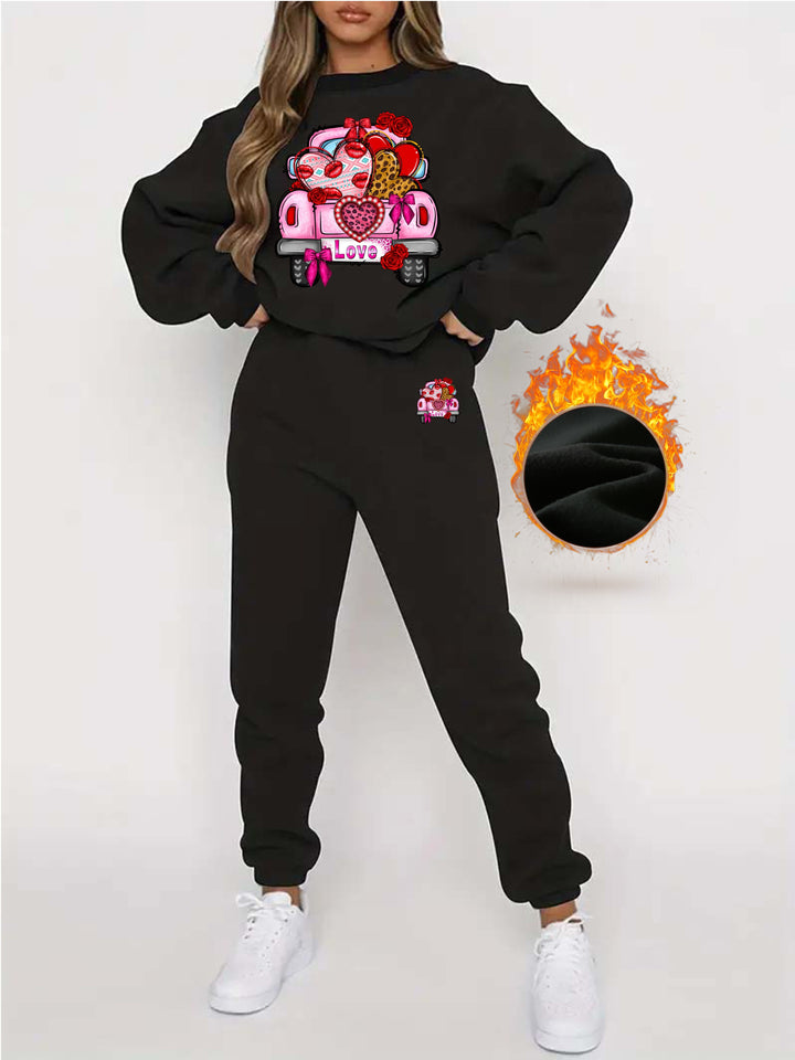 Valentine's Day Print Fleece Two-piece Set, Casual Long Sleeve Sweatshirt & Jogger Pants Outfits, Women's Clothing