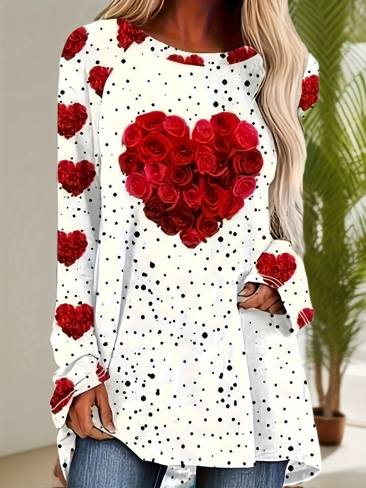 Plus Size Heart Print Top, Casual Crew Neck Long Sleeve Top, Women's Plus Size Clothing