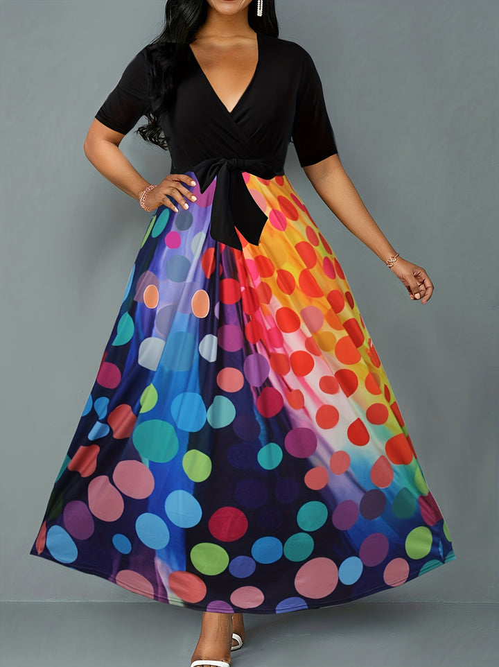Plus Size Casual Dress, Women's Plus Colorblock Ombre Dot Print Short Sleeve V Neck Maxi A-line Dress
