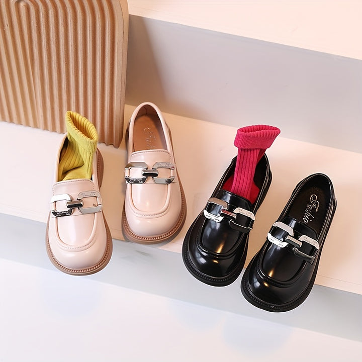 Girls Solid Color Slip On Loafer Shoes With Metallic Decor, Children's Anti-skid Soft Sole Flat Shoes