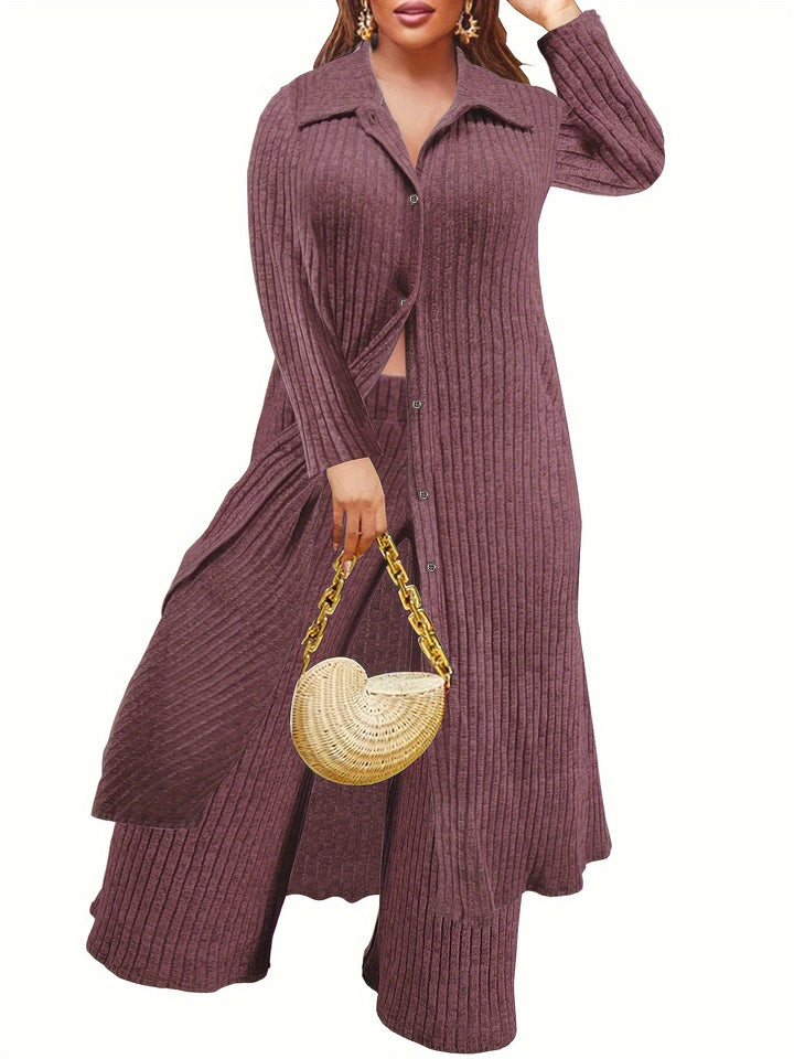 Plus Size Casual Outfits Two Piece Set, Women's Plus Solid Ribbed Button Up Long Sleeve Polo Neck Long Blouse & Wide Leg Pants Outfits 2 Piece Set