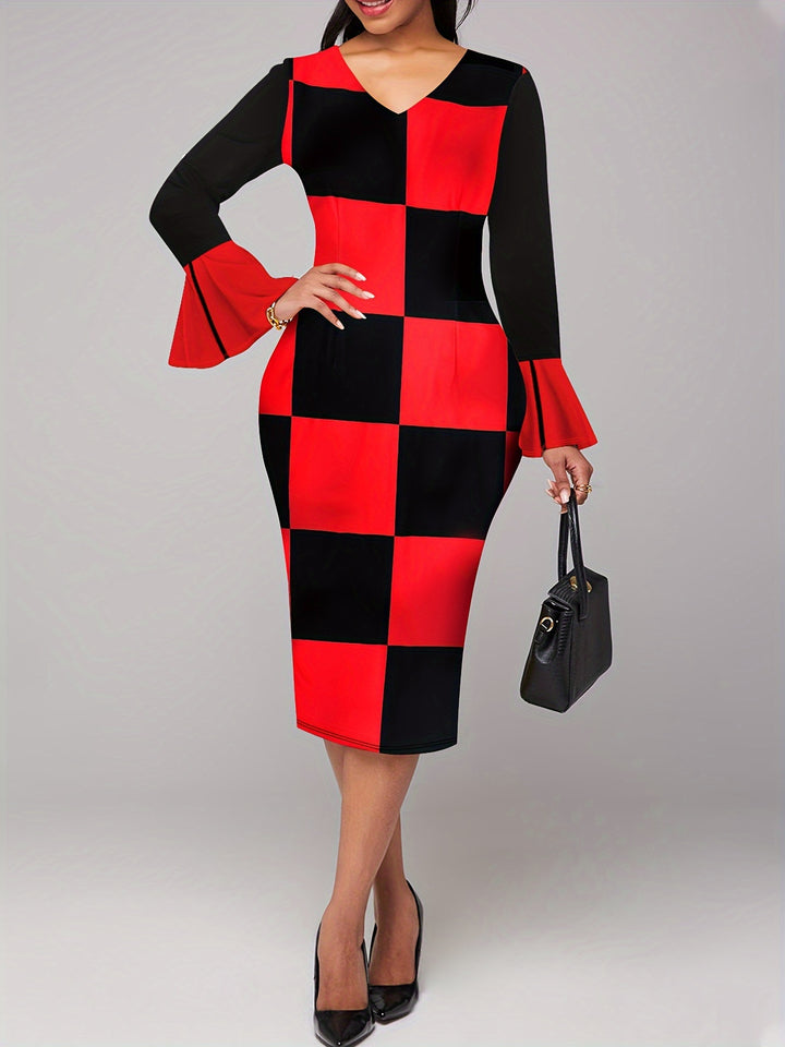 Elegant Plaid Print Bodycon Dress with V-neck and Long Sleeves, Women's Clothing