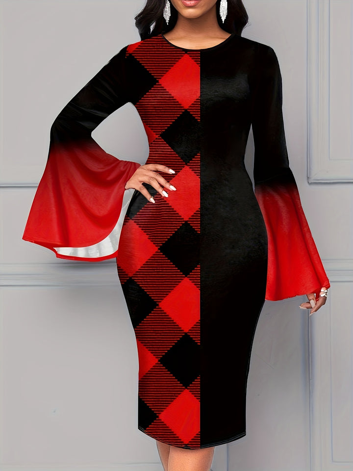 Elegant Plaid Print Dress with Flared Sleeves and Color Block Design, Perfect for Any Occasion