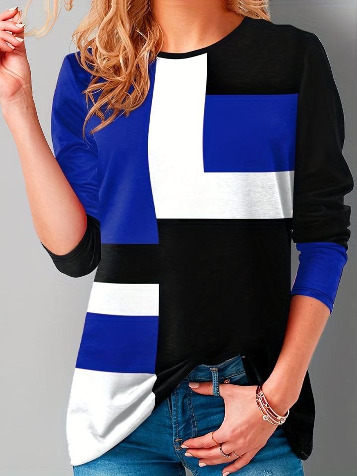 Plus Size Casual T-shirt, Women's Plus Colorblock Long Sleeve Round Neck Medium Stretch Tee