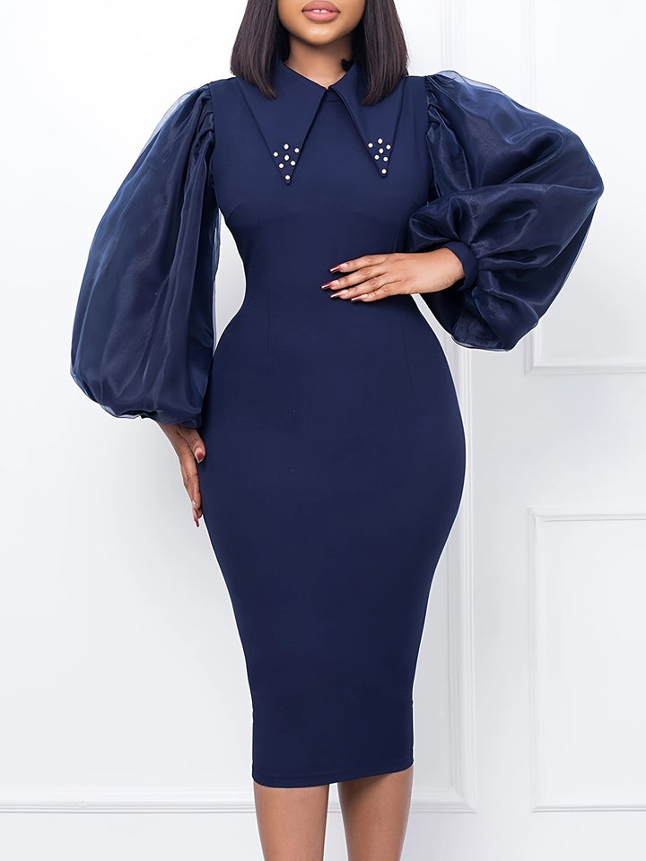 Elegant Plus Size Bodycon Dress with Mesh Stitching and Lantern Sleeves for Parties and Banquets, Women's Plus Size Clothing