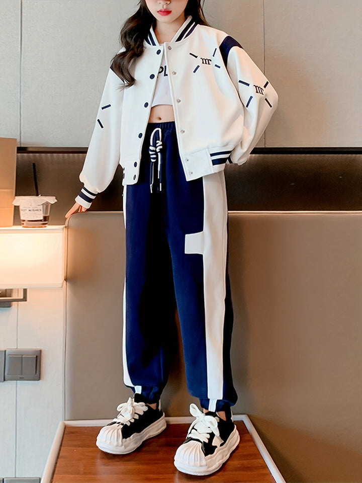 2pcs Girl's Varsity Jacket Outfit, Bomber Jacket & Sweatpants Set, Color Clash Coat, Kid's Clothes For Spring Fall Outdoor