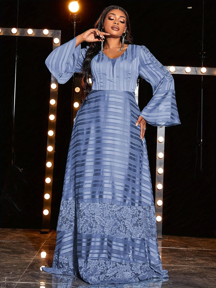 Plus Size Floral Pattern Mother Of The Bride Dress, Elegant Flare Sleeve Ball Gown For Wedding Party, Women's Plus Size Clothing