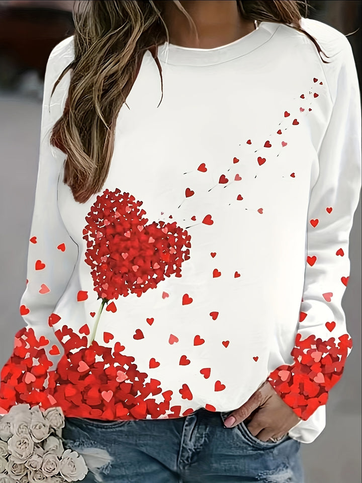 Plus Size Casual Top, Women's Plus Heart Print Long Sleeve Round Neck Loose Fit Top