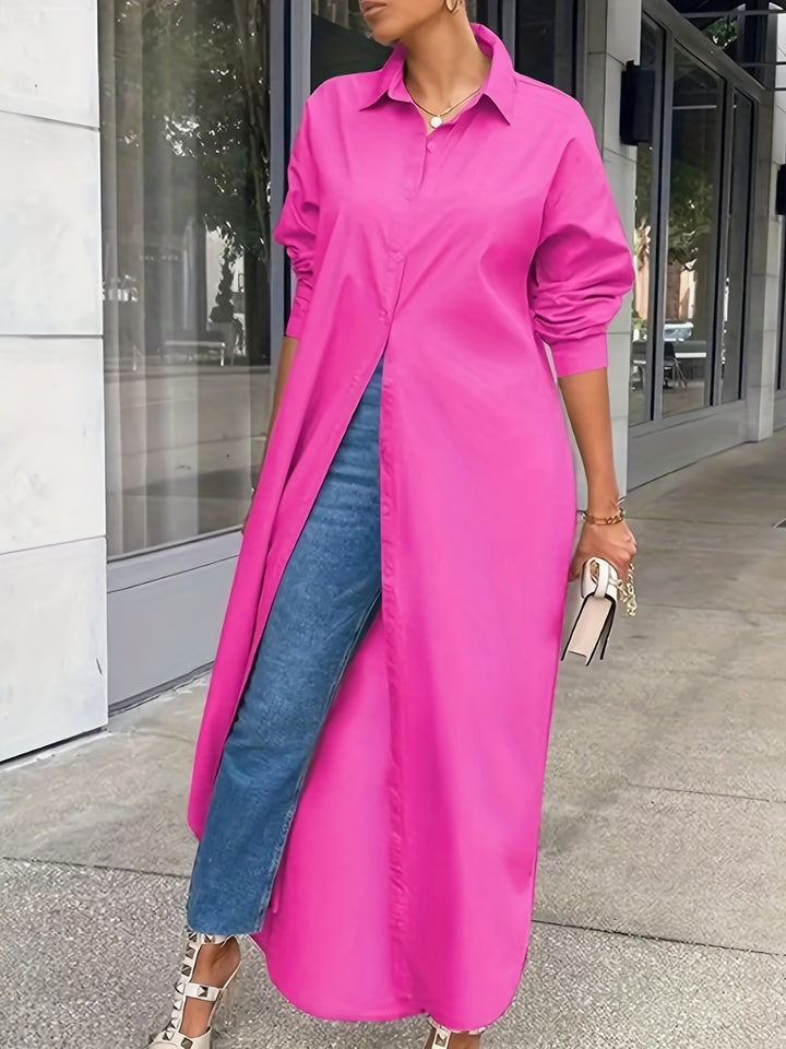 Plus Size Elegant Shirt, Women's Plus Solid Long Sleeve Turn Down Collar Button Up Maxi Shirt Dress